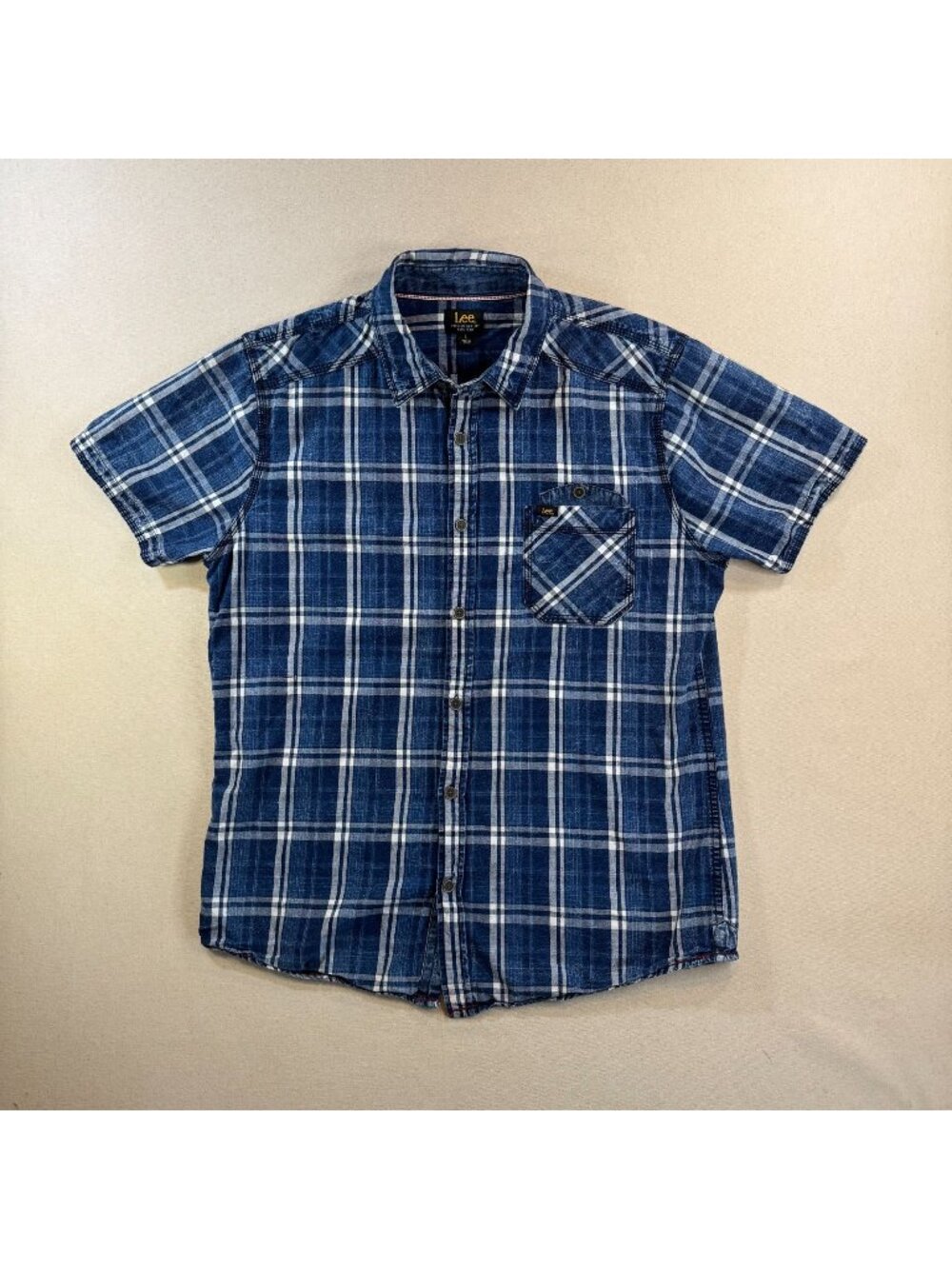 HK117 - Lee Cotton Plaid Shirt L Blue White Short Sleeve Button Flap Chest Pocke